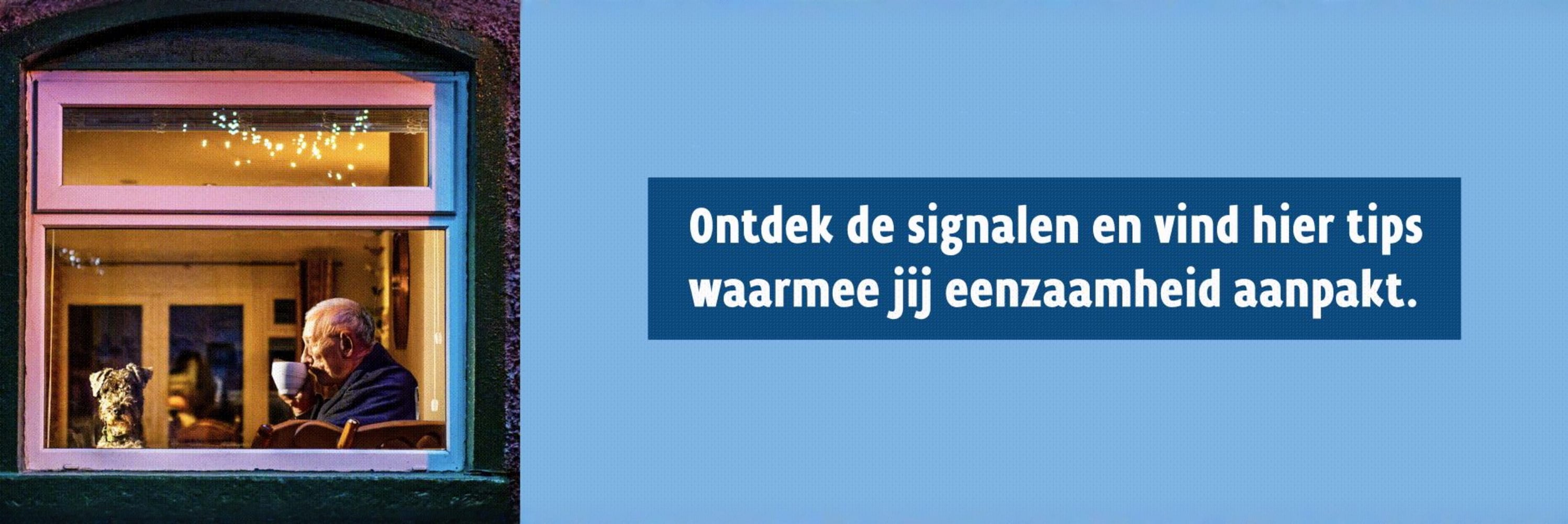 Een marketing banner die een eenzame oude man toont. Ontdek de signalen en vind hier tips waarmee jij eenzaamheid aanpakt.