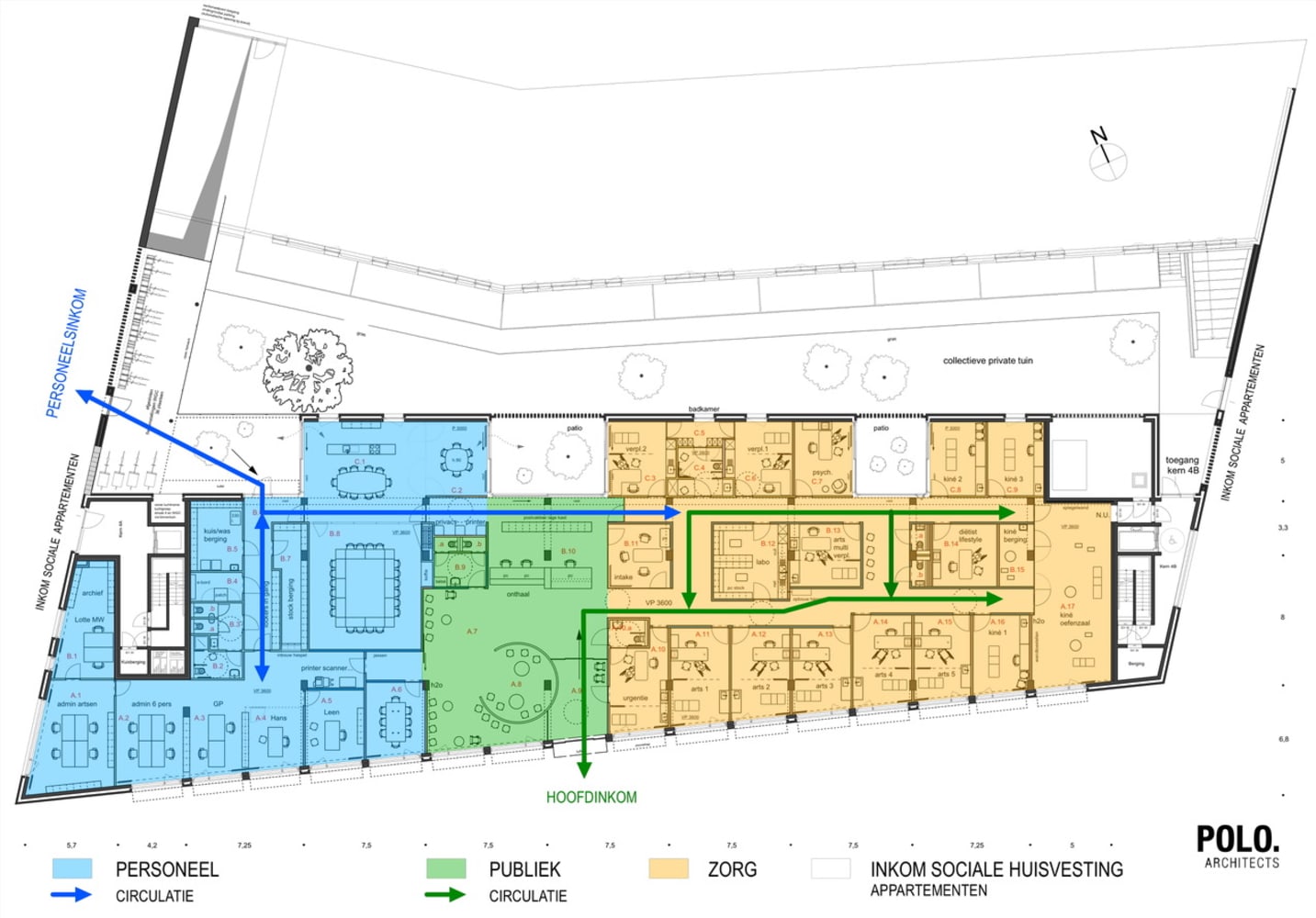 Schema van de zonering binnen het gebouw en de looproutes voor het publiek en personeel.  