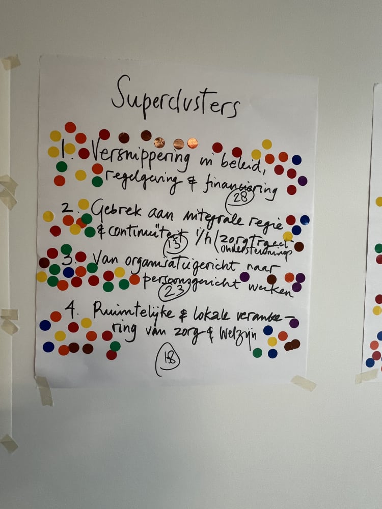Flipchart over superclusters: ten eerste versnippering in beleid, regelgeving en financiering. Ten tweede het gebrek aan integrale regie en continuïteit in het zorgtraject, ten derde van organisatiegericht naar persoonsgericht werken en ten vierde ruimtelijke en lokale verandering van zorg en welzijn