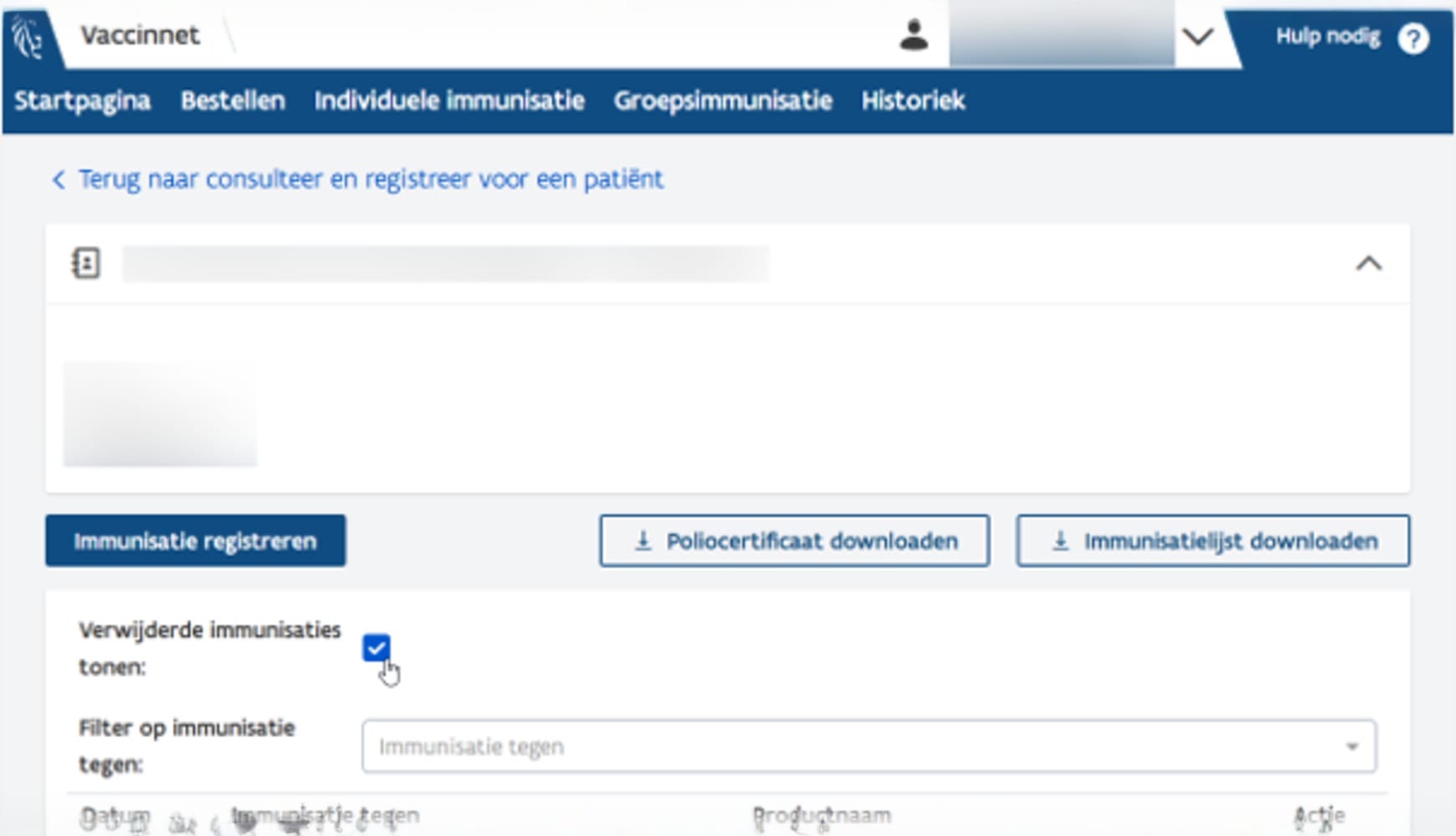 Afbeelding knop om verwijderde immunisatie zichtbaar te maken