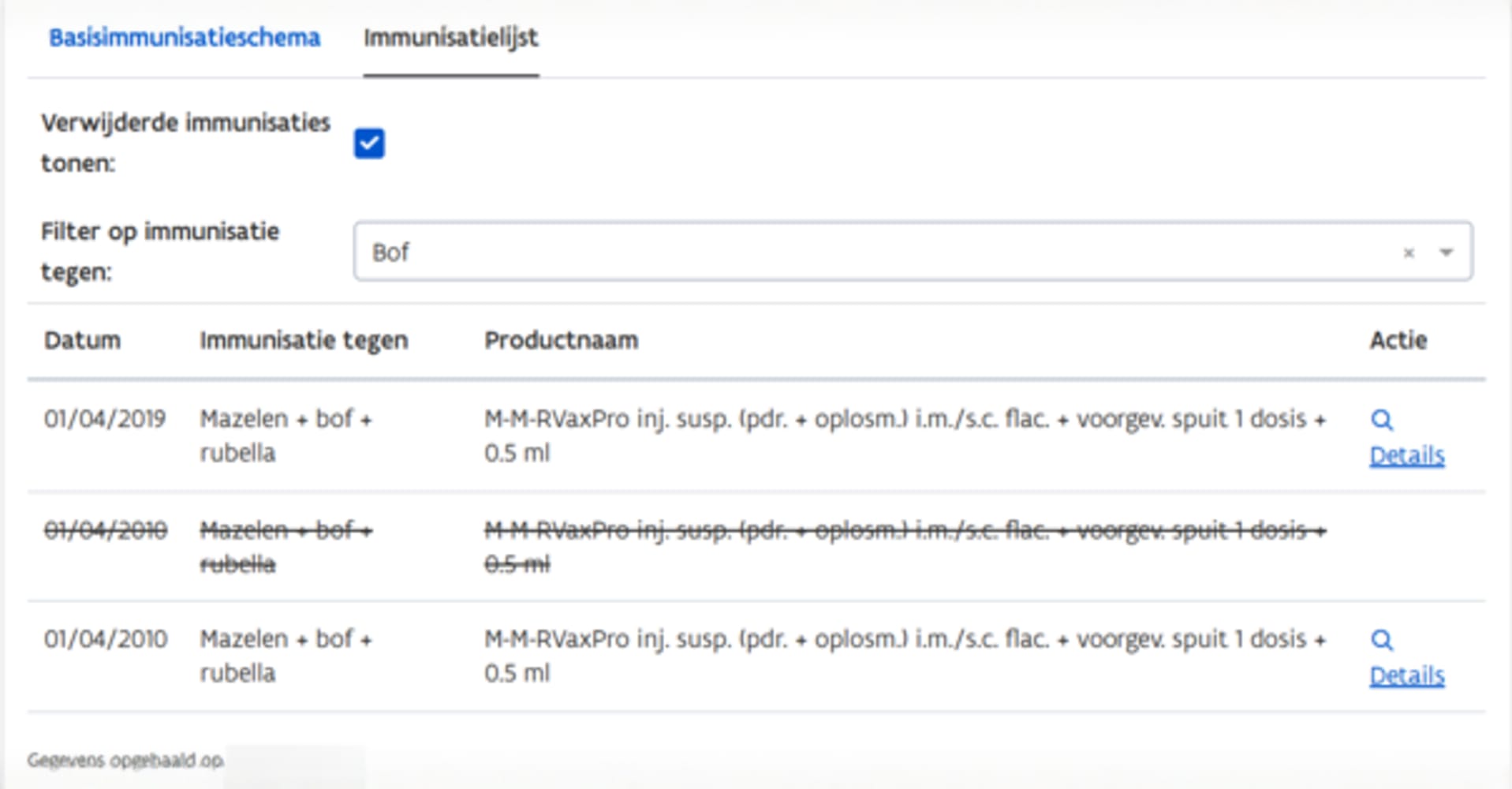 Voorbeeld immunisatielijst met verwijderde immunisaties
