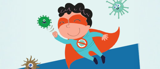 Tekening van een kind dat beschermd is tegen bacterien